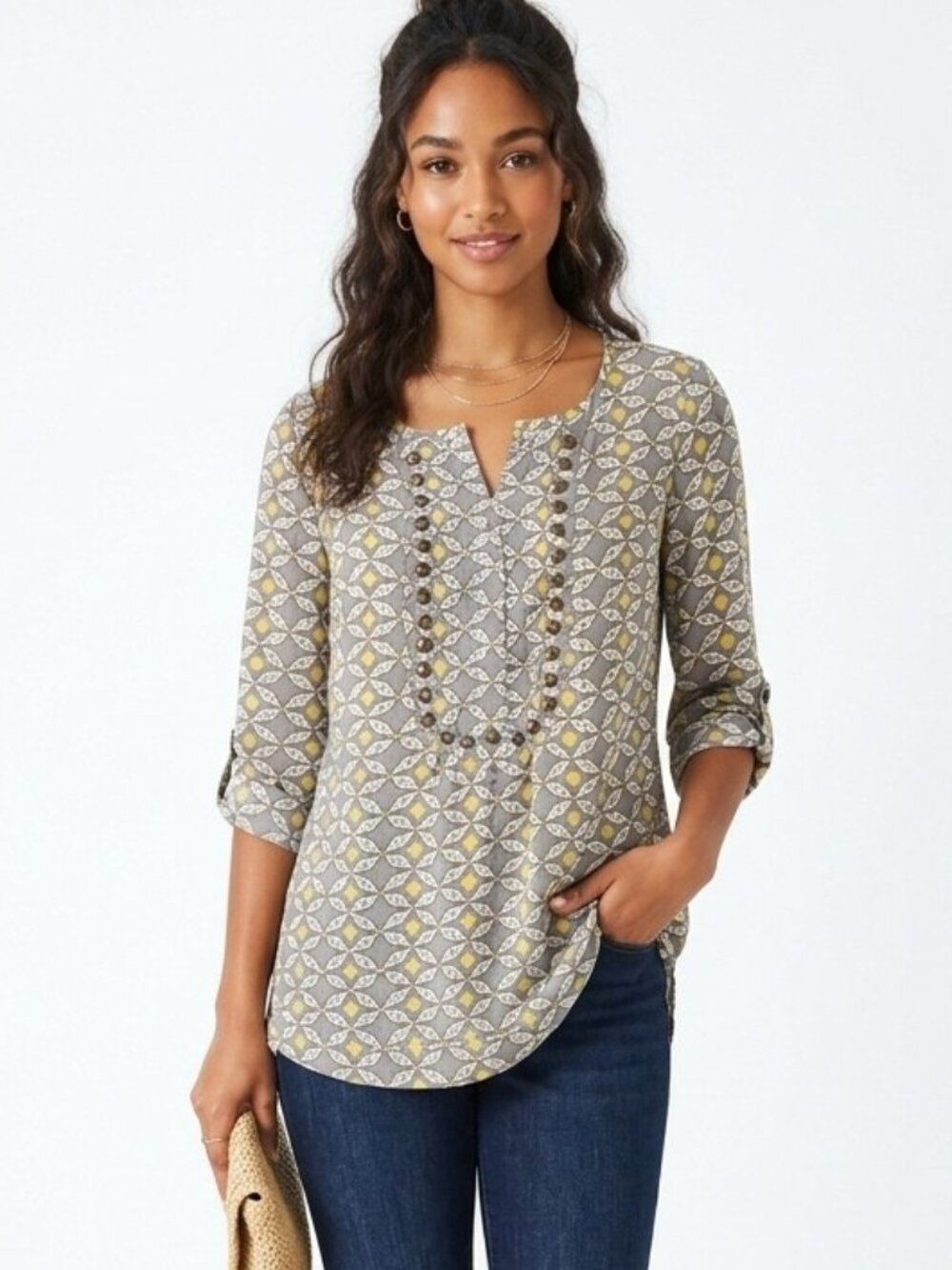 Angie Grey Tunic Top with Yellow Geometric Print and Button Trim
